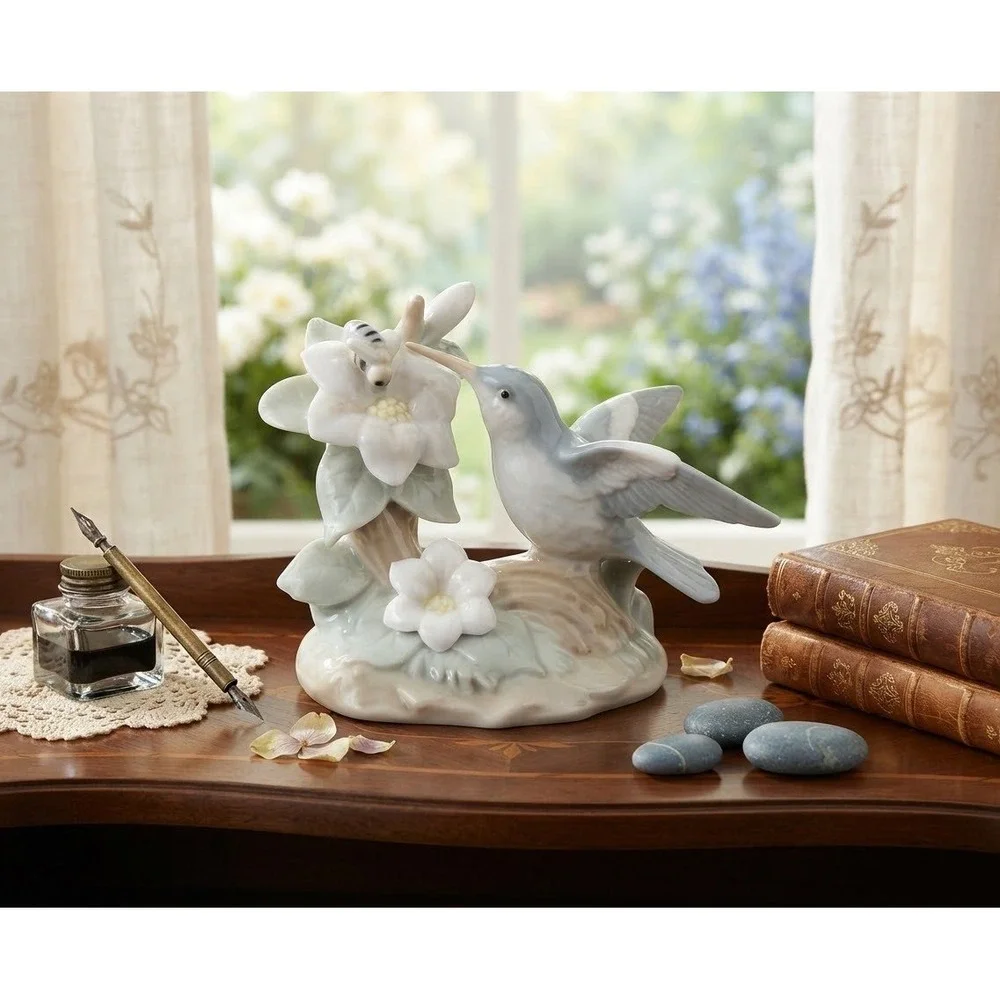 George Good Hummingbird Porcelain Figurine Blue White Flowers Bee Vintage Decor